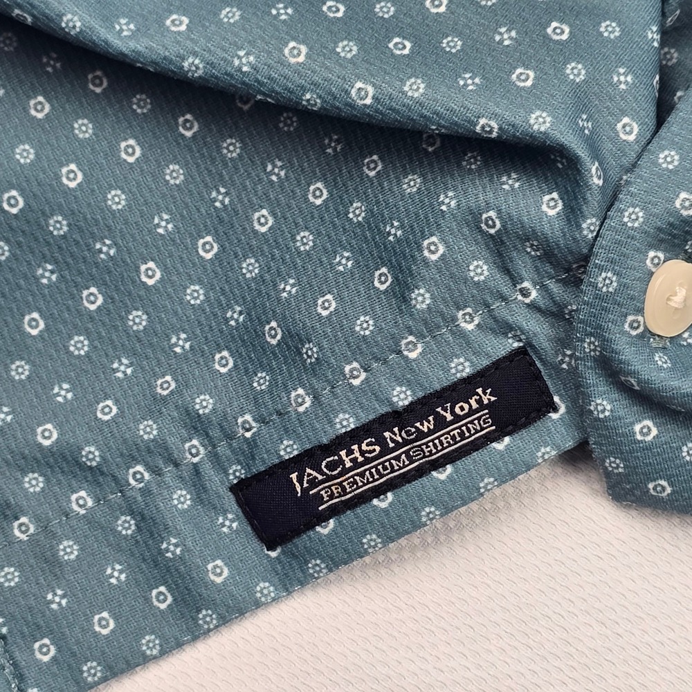 JACHS New York Shirt Mens XXL Teal Blue Short Sleeve Geometric Print Stretch - Picture 6 of 9